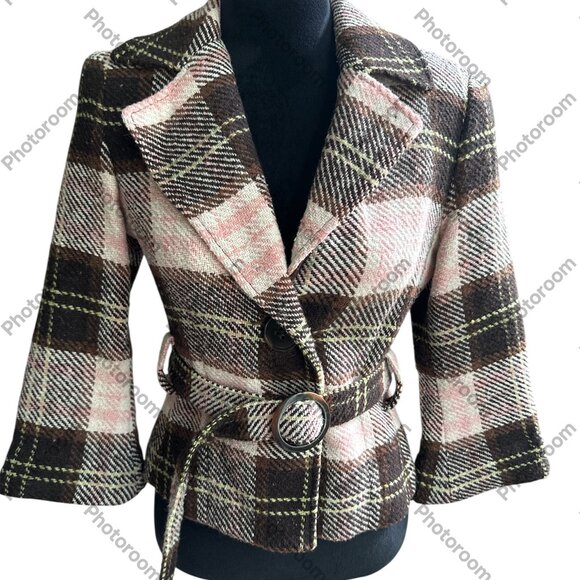CAbi #730 NWT Coat Women's 4 Jacket Plaid Kate Pink Brown Spy Belted Wool Blend - Picture 1 of 7